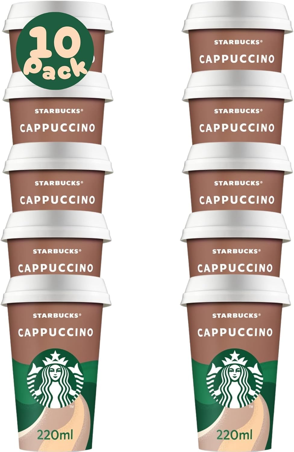 Pack Café Frío Listo para Tomar | Starbucks Pack de Vasos de Café Listo para Bebe - 10 Vasos x 220ml (Pack 10 x 220ml, Caramel Macchiato) (Cappuccino)