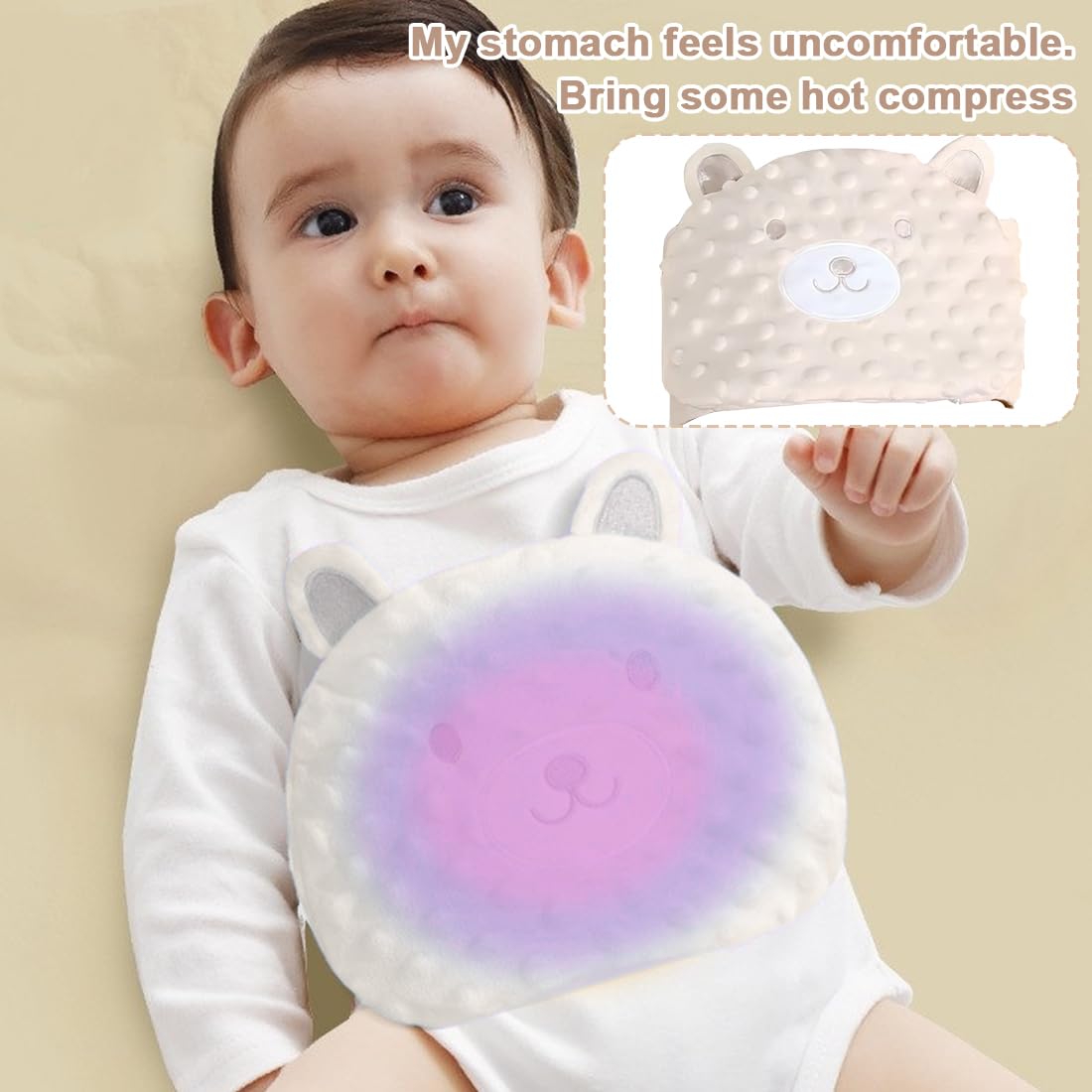 Cinturón de Calor Anticólicos para Bebé con Bolsa de Semillas, Aliviador de Gases y Cólicos, Ajustable para Recién Nacidos y Lactantes (Beige, Diseño Cerdito)