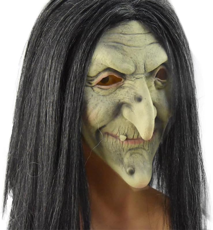 Utaomld Old Woman Witch Mask Halloween Latex Scary Masks Adult Horror Long Hair Witches Cosplay Costume Party Props