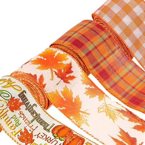UCSAJI 4 Rolls 20 Yards Fall Burlap Ribbon Set 2.5 Inch Pumpkin Maple Leaves Buffalo Plaid Autumn Harvest Thanksgiving Craft Wreth Bow Decor(Orange)