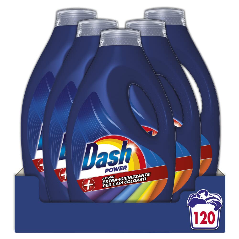 Dash Power Detersivo Lavatrice Liquido, 120 Lavaggi (5x24), Azione Extra-Igienizzante Per Capi Colorati, Contro Sporco e Batteri Per Un Pulito Igienizzato, Efficace Anche a Bassa Temperatura