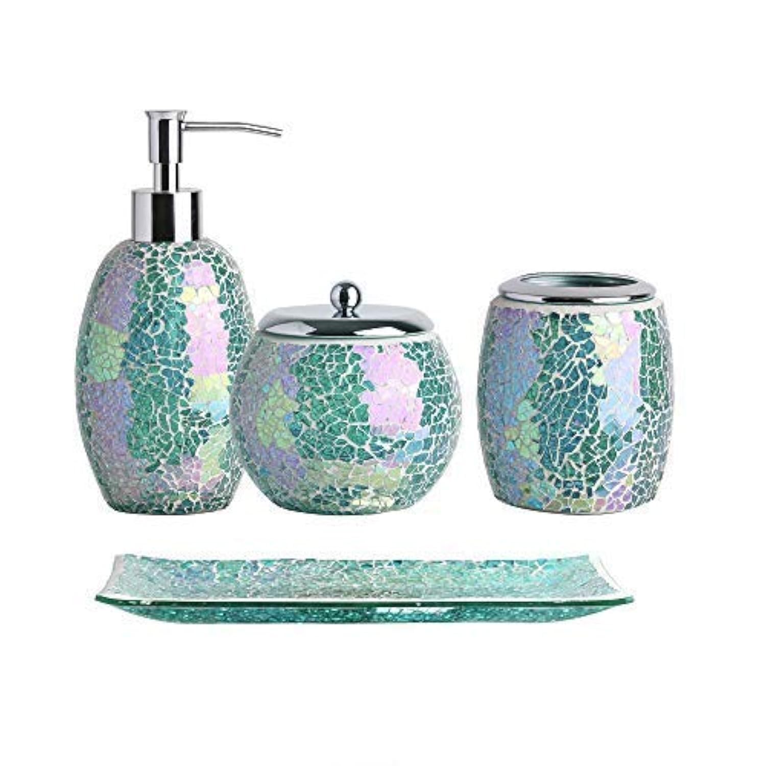 WHOLE HOUSEWARES | 4-Piece Shiny Green Decorative Glass Bathroom Sets Accessories Set | Soap Dispenser, Toothbrush Holder, Cotton Jar, Vanity Tray | Gift Idea | Mermaid Like Design