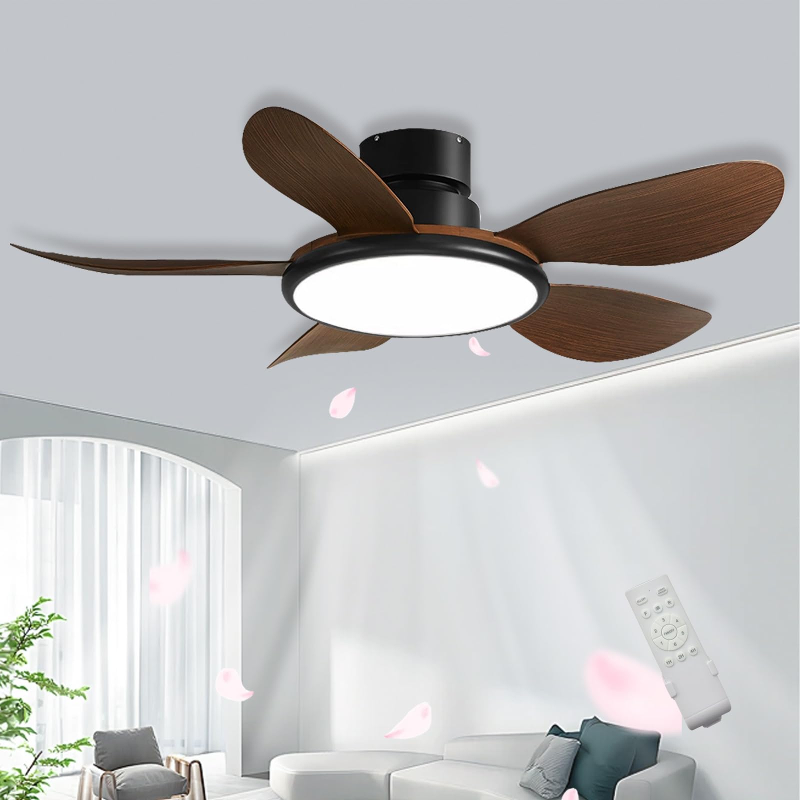 HXYSXHJUO 52inch Modern Ceiling Fan with Light and Remote, Woodgrain Fans Lamps, Flush Mount Lights for Bedroom, Lounge Chandeliers Fan,6 Speeds