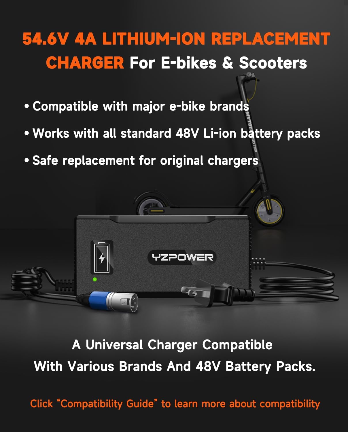 YZPOWER 48V Lithium Battery Charger 54.6V 4A Fast Charger with Turbo Cooling Fan - Overheat Protection, 3-Pin XLR Connector for Electric Bike/Scooter/E-Scooter/Electric Scooter/Ebike