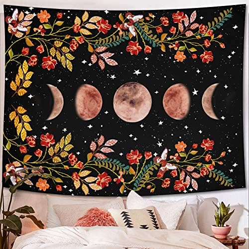 Lifeel Moonlit Garden Tapestry, Moon Phase Surrounded by Vines and Flowers Black Wall Decor Tapestry 70×90 inches