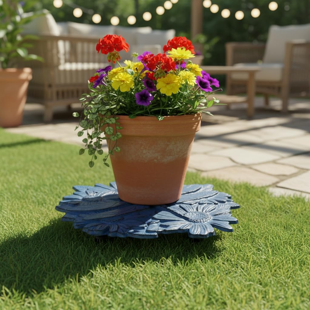 Comfy Hour 14" Flower & Dragonfly Cast Iron Plant Caddy with Wheels, Heavy Duty Rolling Flowerpot Stand, Decorative Plant Dolly for Large Pots, Artisan Crafted Metal Base, Blue, 1 Unit