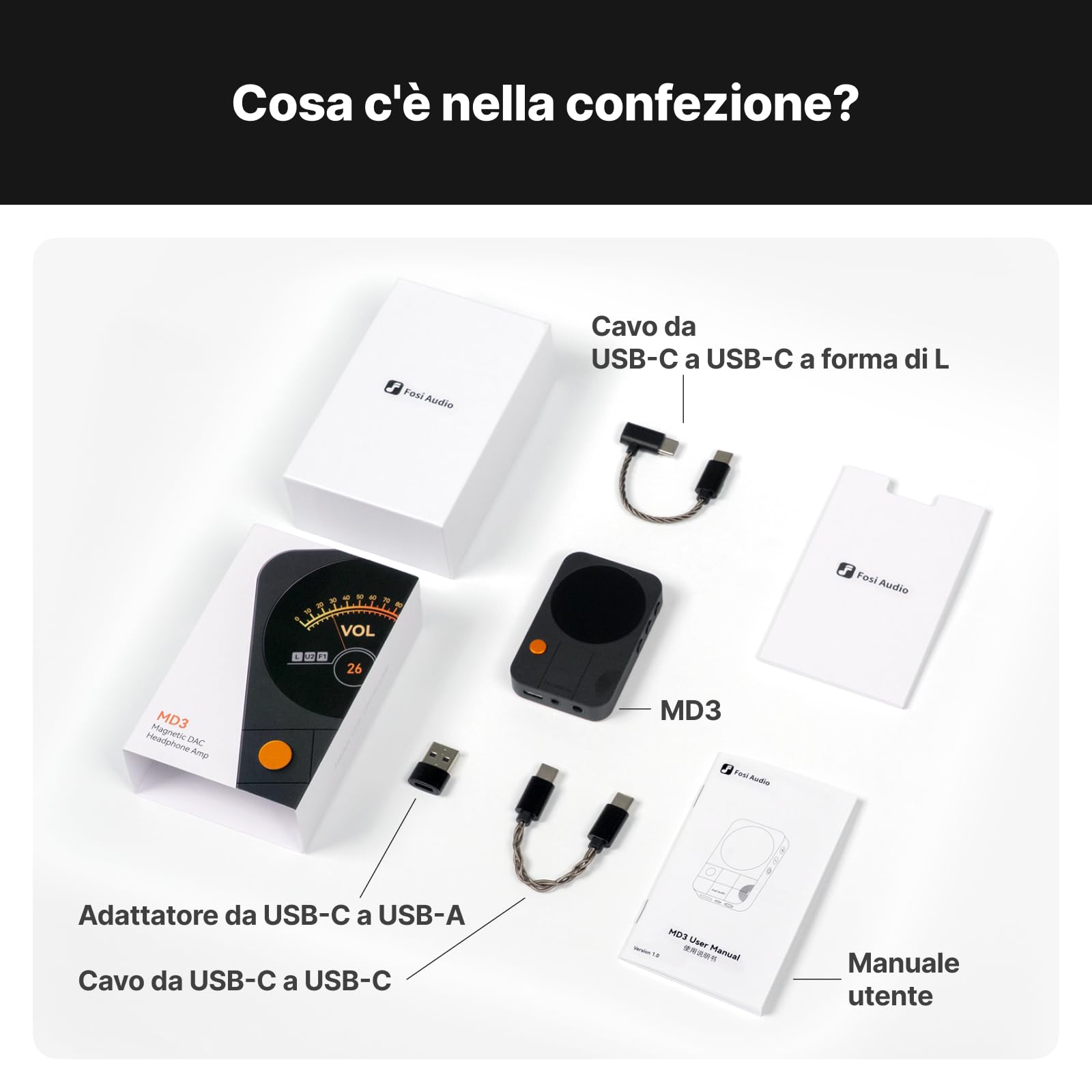 Fosi Audio MD3 DAC Audio USB Portatile, DAC Amplificatore Cuffie con Display Magnetico 1,28", Amplificatore per Cuffie ES9039Q2M, 3,5/4,4mm, PCM 32bit/384kHz DSD256 per Smartphone PC Tablet, Nero