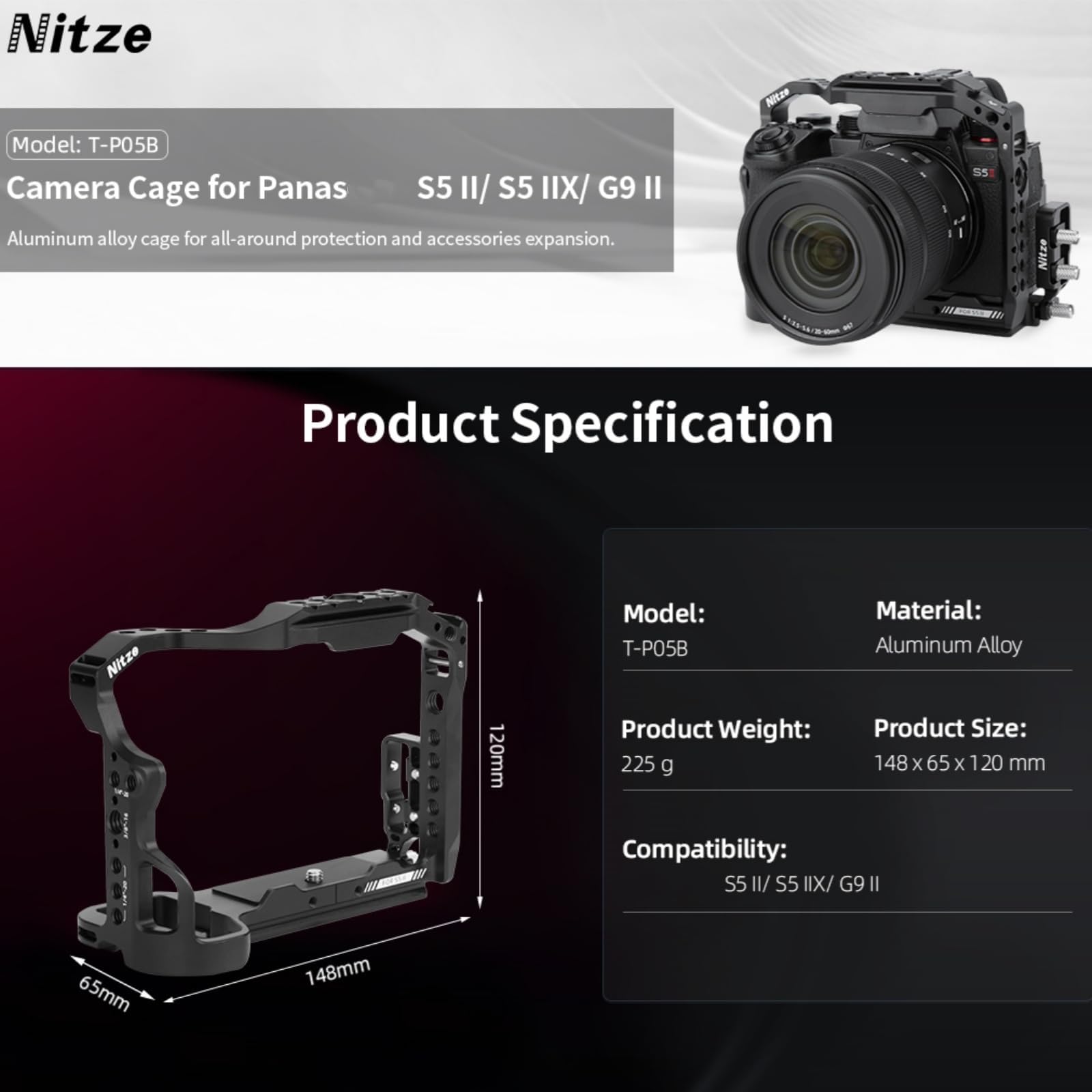 Nitze Klatka na aparat do aparatu LUMIX S5 II / S5 IIX / G9 II z zaciskiem kablowym HDMI/USB-C, wbudowane górne i boczne szyny NATO, zimna stopka i płyta szybkiego uwalniania Arca Swiss