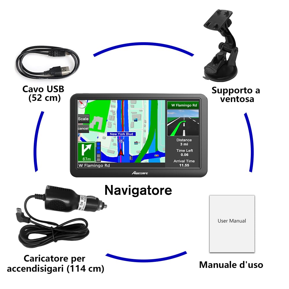 AWESAFE Bluetooth Navigatore Auto Camion con Telecamera retromarcia 7 Pollici GPS Navigatore con Trasmissione vocale, Mappa 2D/3D, Aggiornamenti Gratuiti delle Mappe a Vita