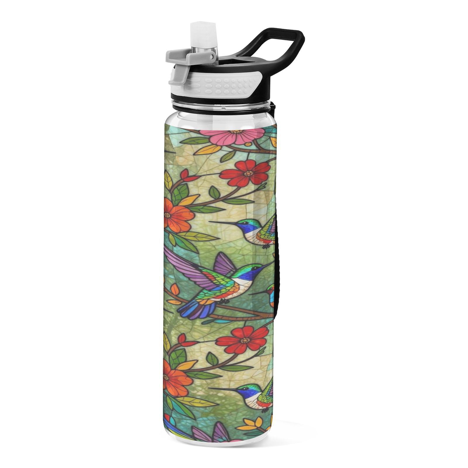 Botellas deportivas con pajilla y diseño de colibrí floral transparentes