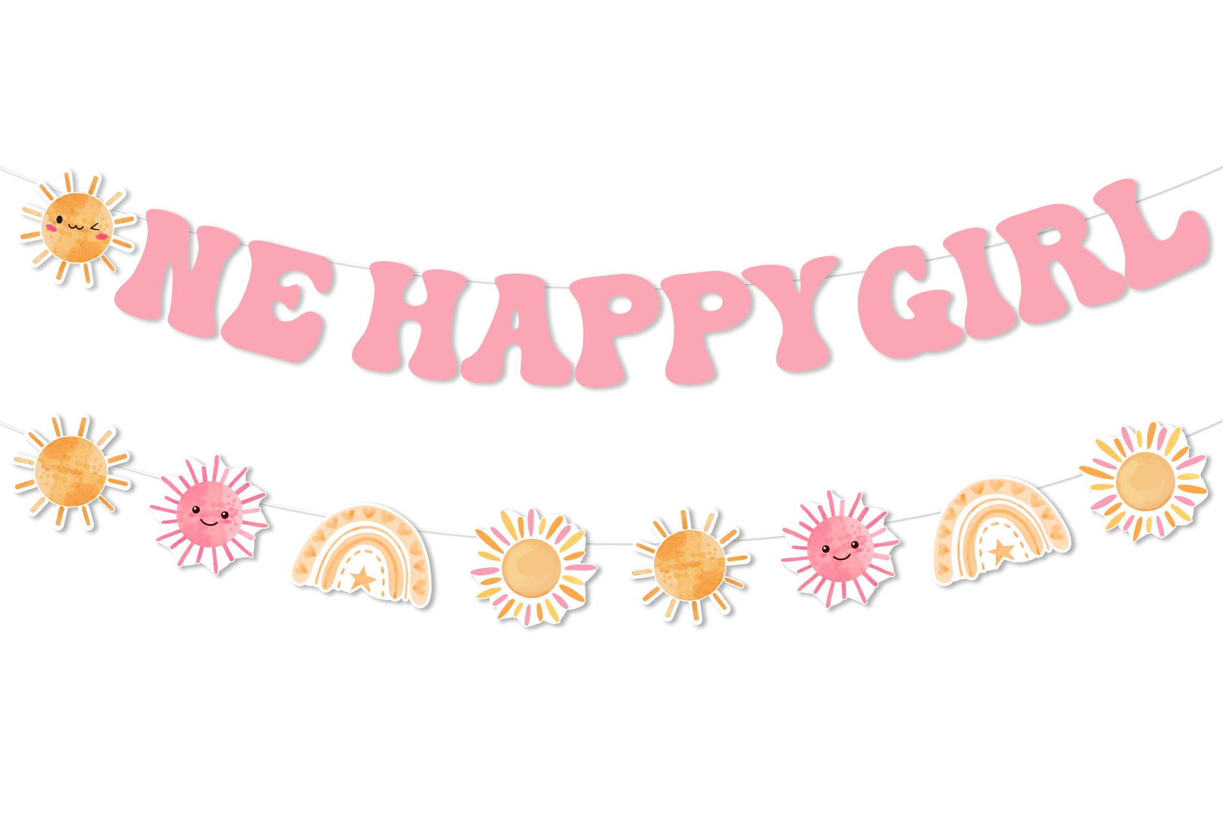 Funmemoir Sun 1st Birthday Party Decorations Girl - One Happy Girl Banner & Sunshine Theme Garland Banner, First Trip Around the Sun Sunrise Hippie Rainbow Boho 1st Birthday Party Decorations