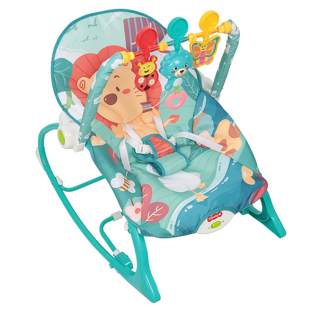 Transat Bébé Vibrations Apaisantes, Transat Evolutif et Siège Sauteur,3 Positions d'Inclinaison, Musique, 3 Points Harnais, 2 Jouets, Arche de Jeu, 0-6 Mois Jusqu'à 11 kg (bleu)