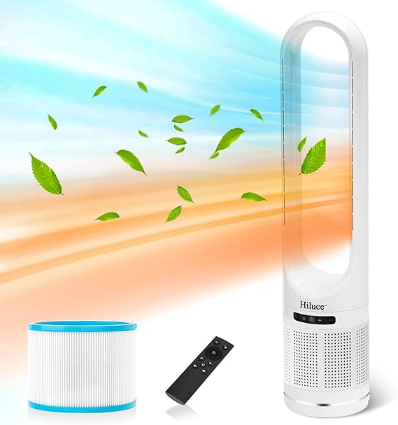 3-in-1 Bladeless Fan with Air Purifier,Indoor Heater,Fan and Heater Combo HEPA Filter,Tip-Over Switch,26ft/s Quiet Tower Fans,80°Oscillating, 8 Speeds, 9H Timer, 32 inch Large