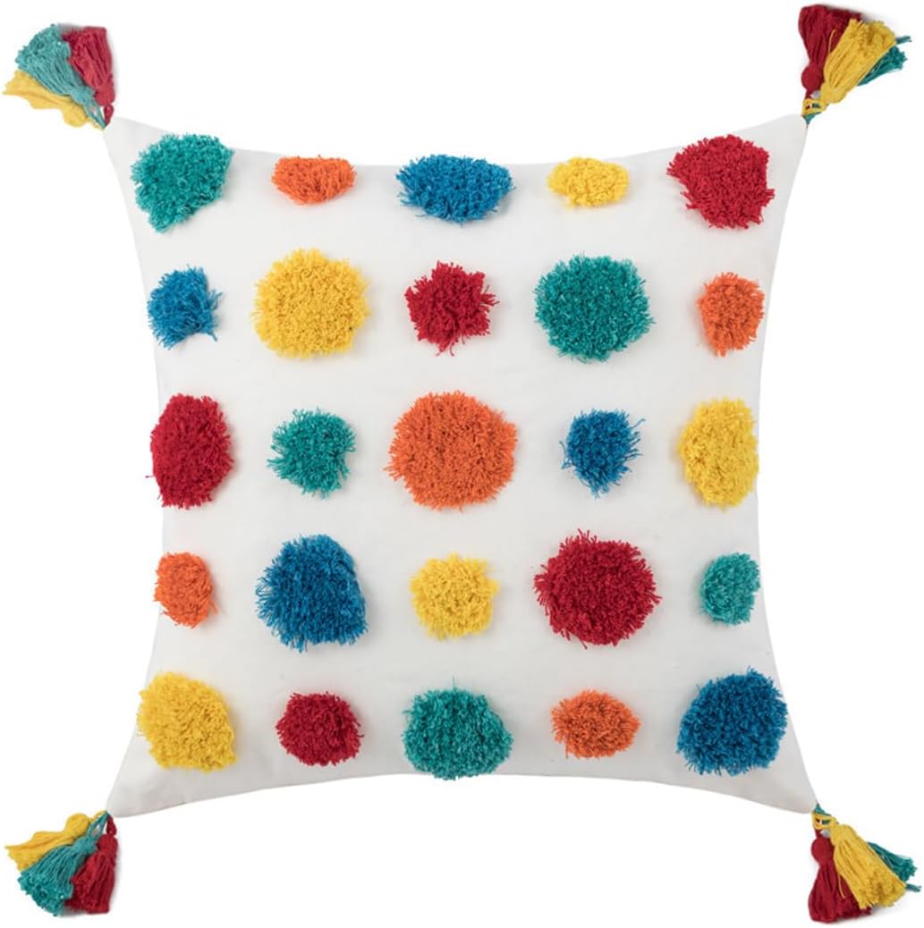Colorful Throw Pillows Boho Throw Pillows Covers 18x18 Inch - Hand Tufted Cotton with Playful Tassels | Boho Multicolor Polka Dots Pattern| Vibrant Nursery Kids Room Decor Pack of 1,18" x 18" D