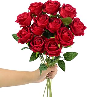 Artificial Roses 12PCS Velvet Rose Real Touch Long Stem Fake Flowers Bulk for Flower Arrangement Wedding Home Party Decor (Red)