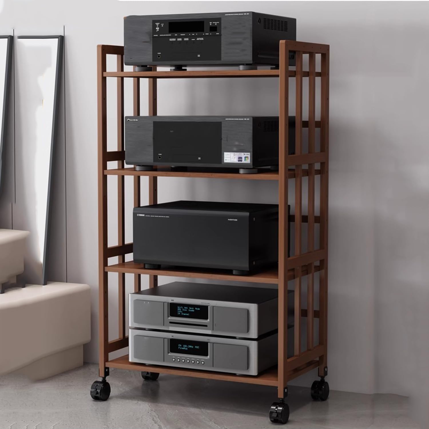 AV-Media-Ständer mit 4 Ebenen, 70 cm, mit Rad, Projektor, Lautsprecher, Aufbewahrungsregal für Heimkino, Audio-Tower, Nizer mit Eck-Entertainment-Center-Design, Stereo-Schrank mit einfacher Mobilität,