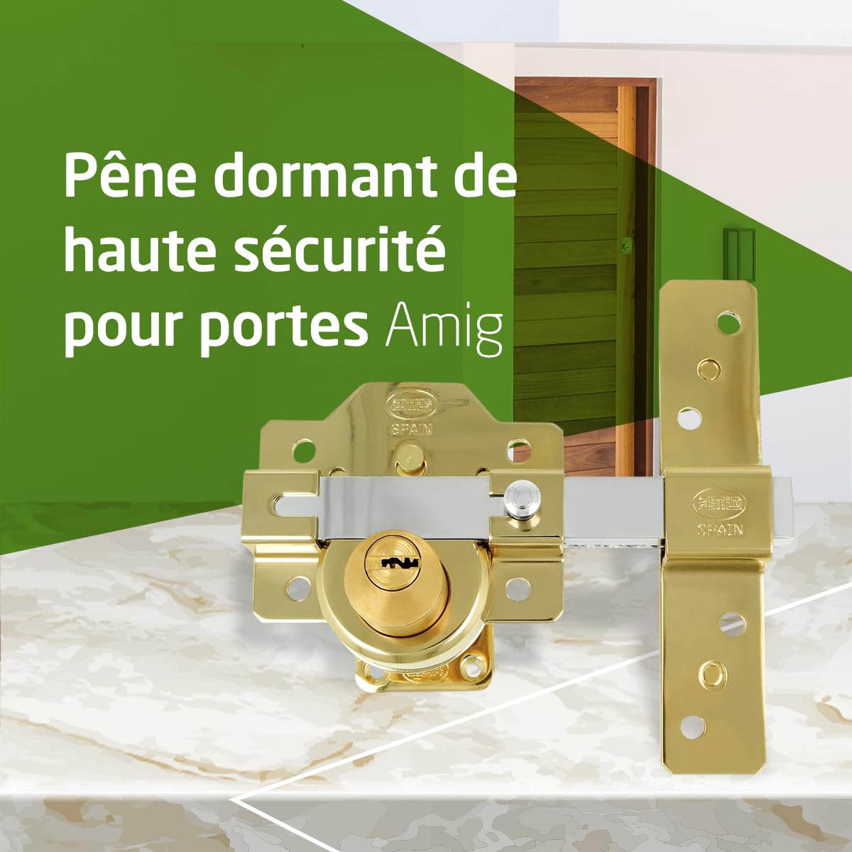 Amig - Serrure | Verrouillage de superposition | 105 x 170 mm | Or | Cylindre de sécurité 50 mm à 6 broches | Loquet d'ouverture | Système antibumping et protection contre les pics