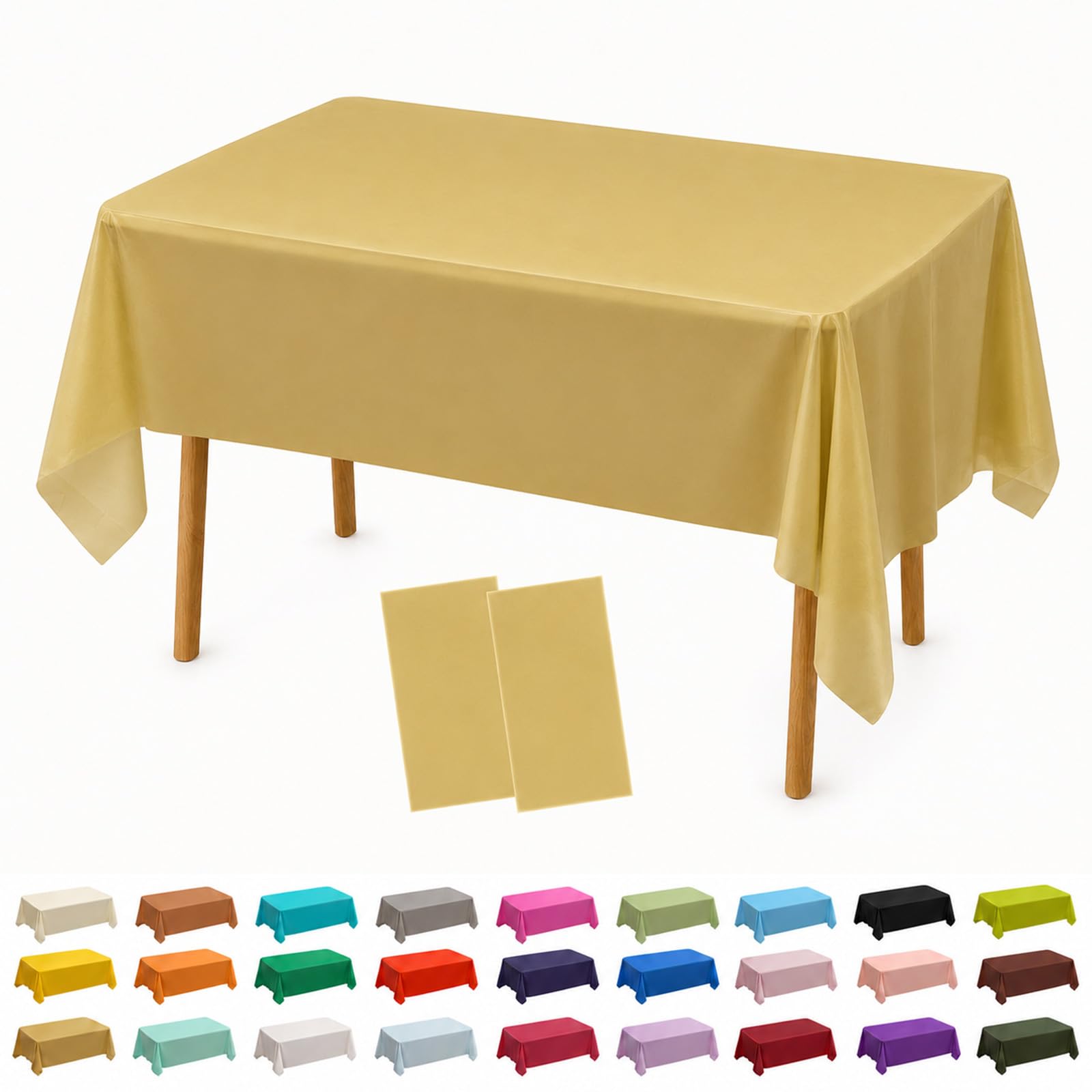 AURALIN 2 Pack Tablecloths 137x274cm Solid Colour Heavy Duty Wipe Clean Table Covers for Parties Waterproof & Oilproof PEVA Table Cloth for Weddings Picnics Banquets and Daily Dining (Gold)