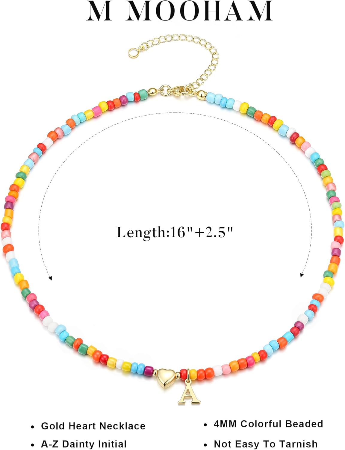 M MOOHAM Initial Necklaces for Women Girls - Colorful Beaded Initial Necklace for Women 14K Gold Plated Heart Initial Choker Necklaces for Girls Jewelry, Letter A-Z Pendant Birthday Gifts - Image 7