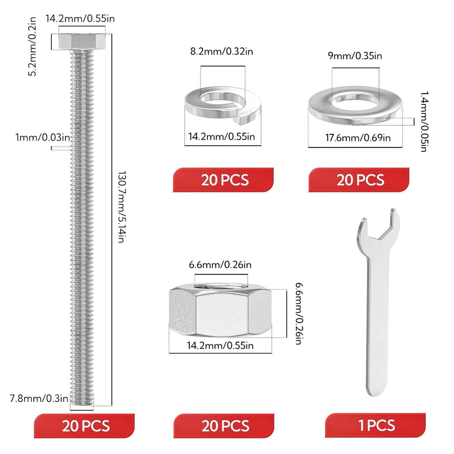 20PCS 5/16-18" x 5" 304 Stainless Steel Fully Threads Bolt, Hex Head Bolts with Nut Spacer and Spanner