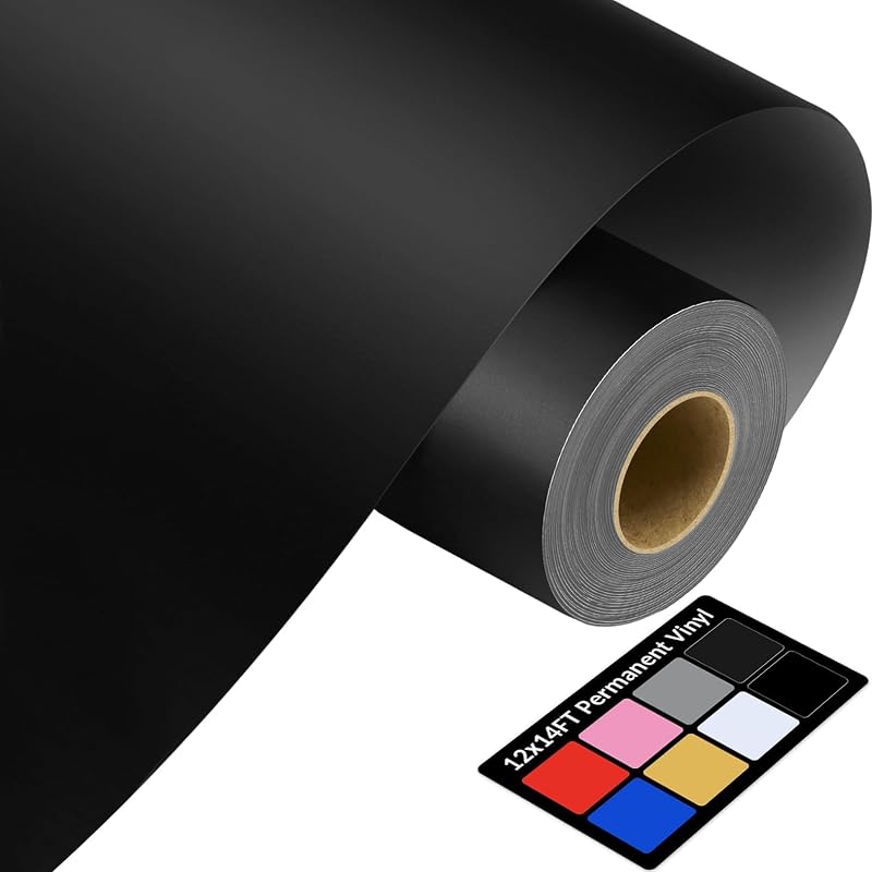 Vinilo negro de 12 pulgadas x 14 pies – Vinilo permanente negro mate con respaldo de PET [más fácil de dejar residuos de malas hierbas], adhesivo permanente para máquina de corte, decoración de fiestas, calcomanías para automóviles, letreros, álbumes de recortes