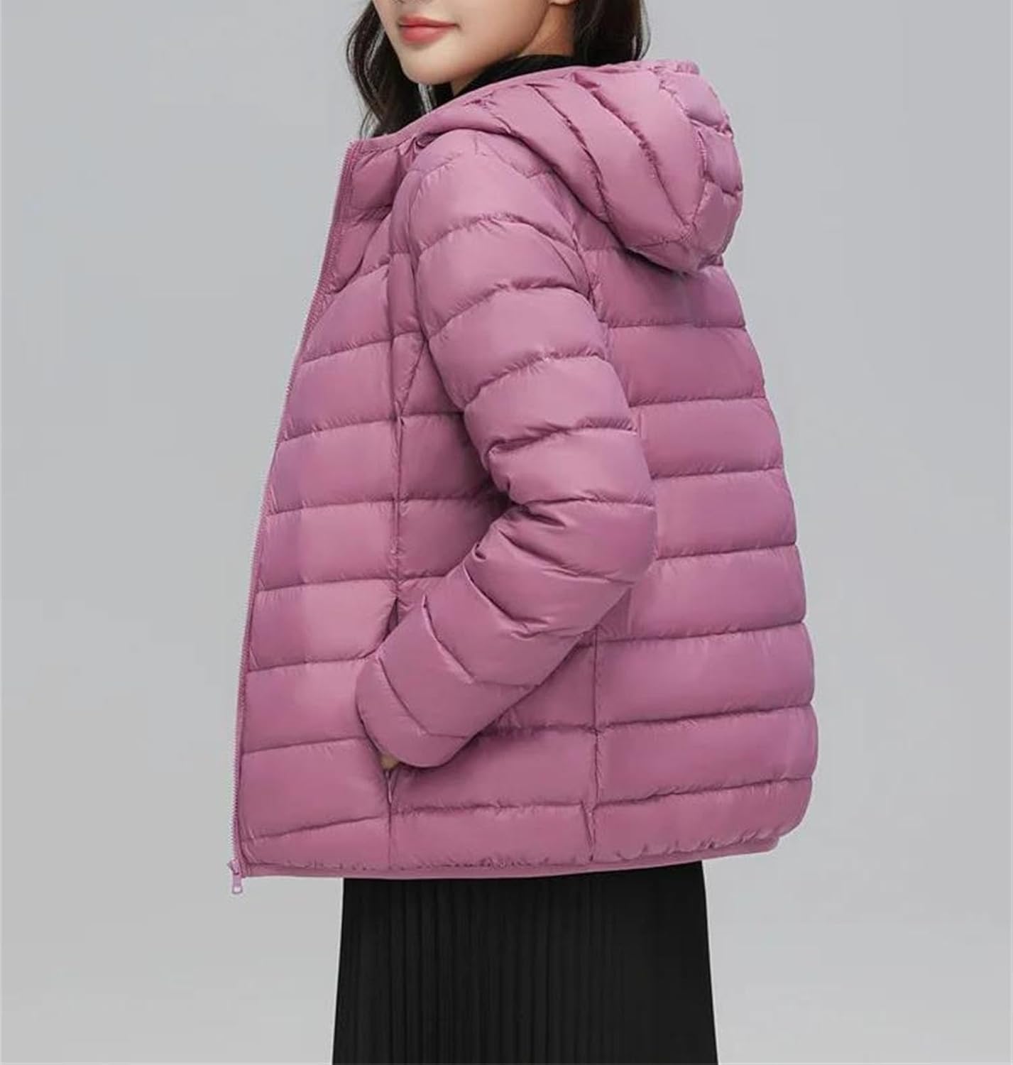 Women's Lightweight Duck Down Jacket Slim Fit Hooded Long Sleeve Coat Solid Color Casual Fall Parka