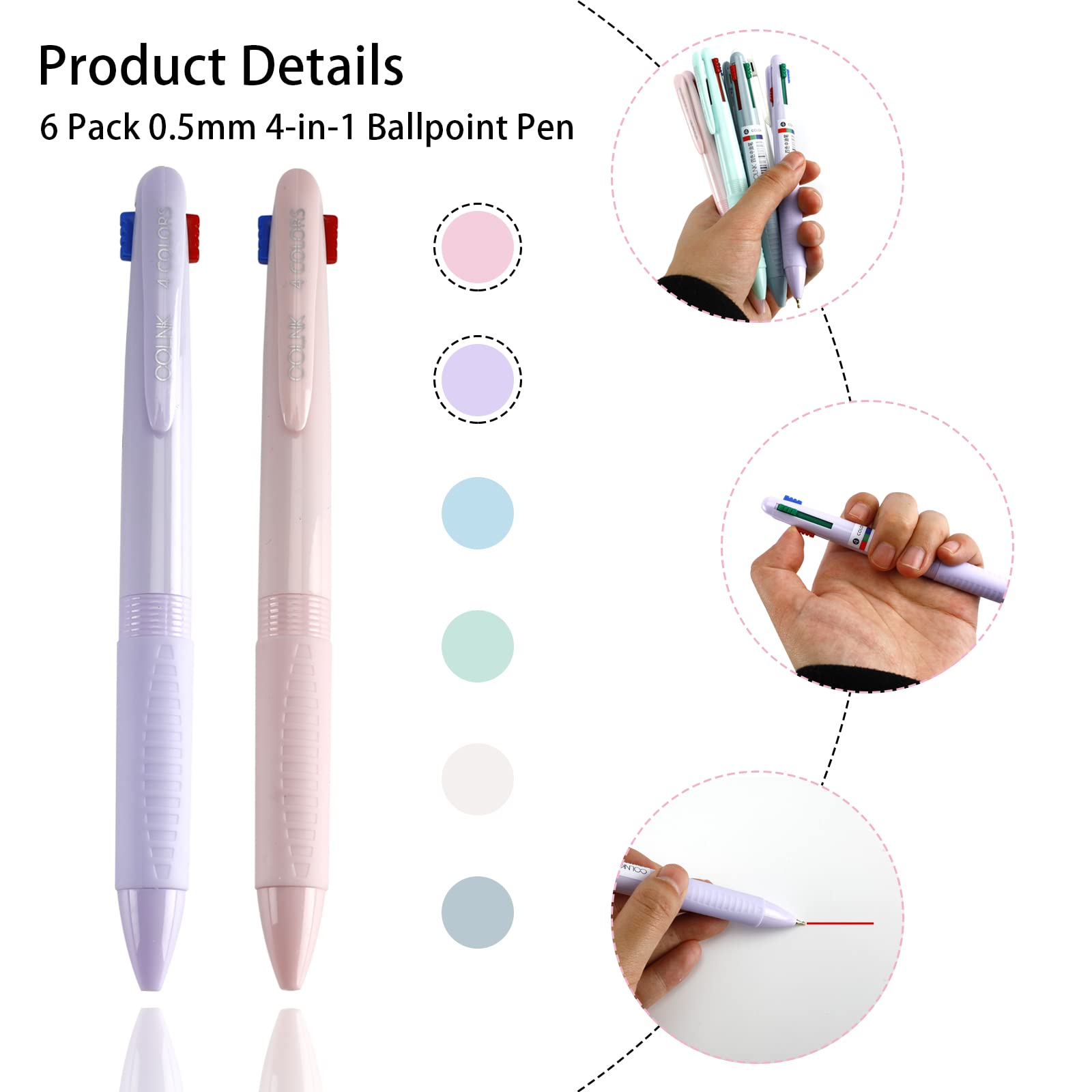 Lot De 6 Stylos 4 Couleurs 0.5 Mm - Stylo Bille Rétractable Bleu Rouge Vert Noir - Fournitures école Bureau Idéales Pour Prises De Notes