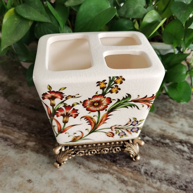 IDesign Portaspazzolino Eco Vanity In Ceramica E Legno Di Paulownia | Divisorio Per Spazzolini, Dentifricio E Pennelli, 8,3x8,3x11,3 Cm, Verde