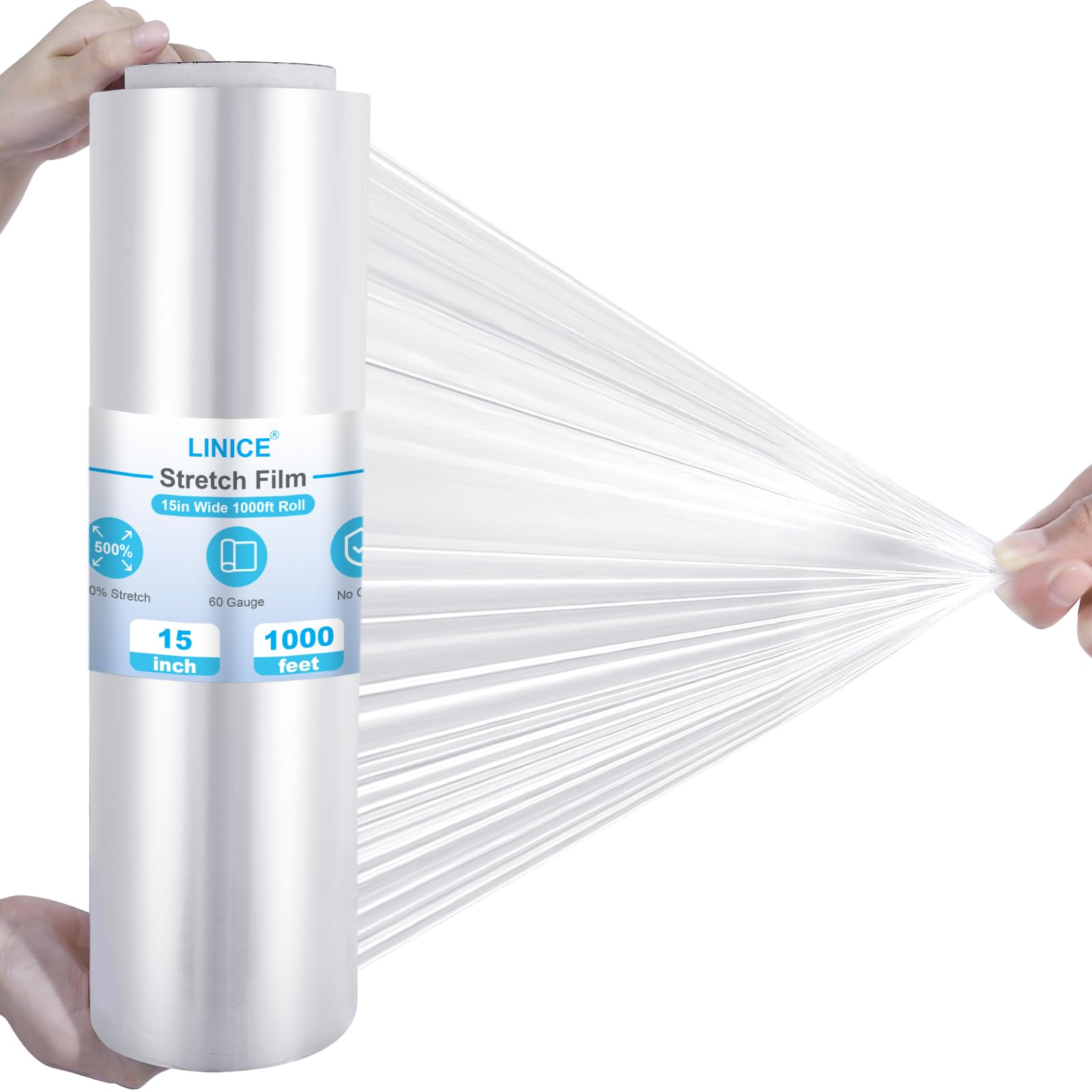 LINICE Stretch Wrap Roll 1000 ft 60 Gauge Industrial Strength 15 inch Wide Clear Plastic Film for Palletized Shipping, Surface Protection Moving Supplies Furniture Packaging (1)