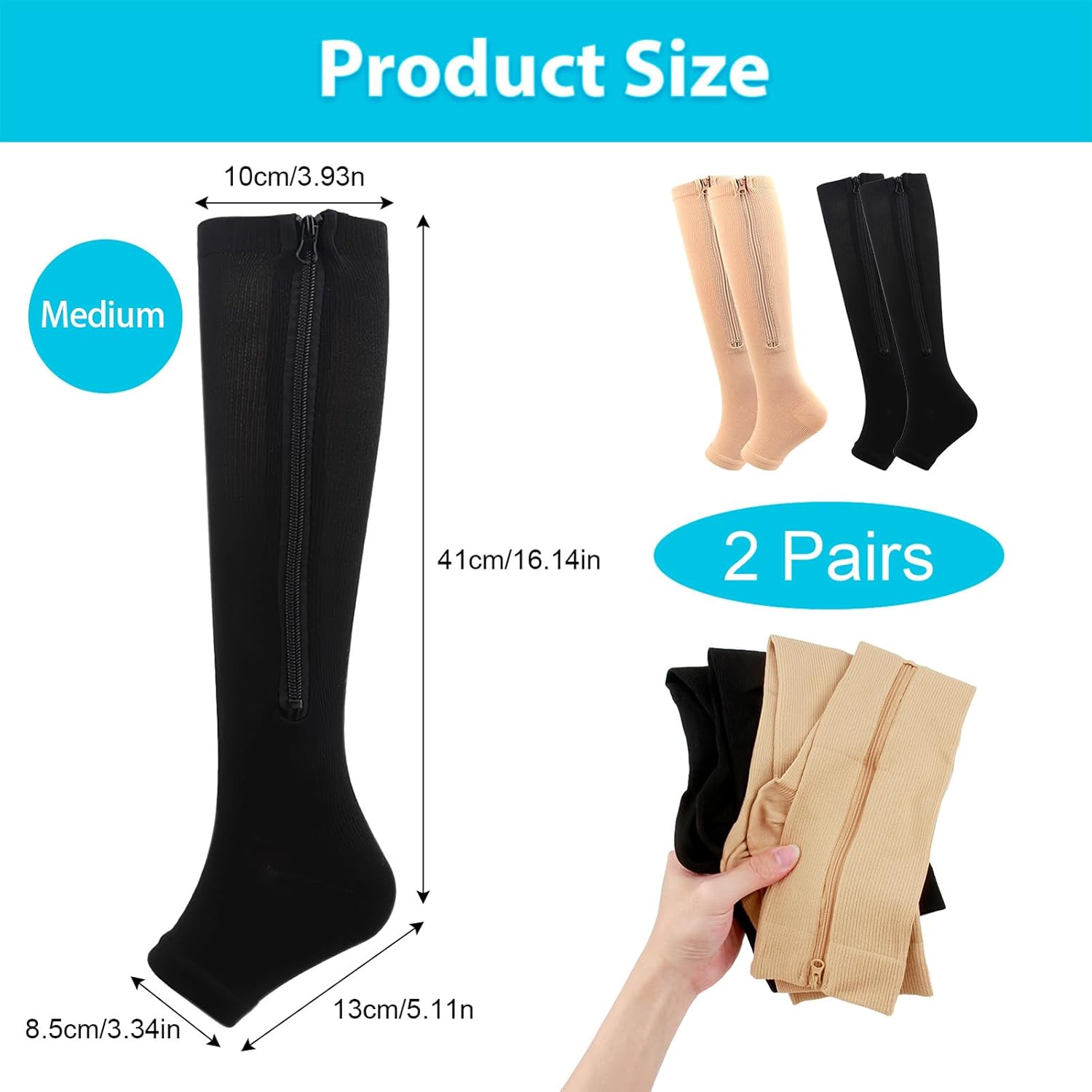 2 Pairs Zipper Compression Socks for Men Women, 15-20mmHg Open Toe Compression Stockings with Zippers - Image 4