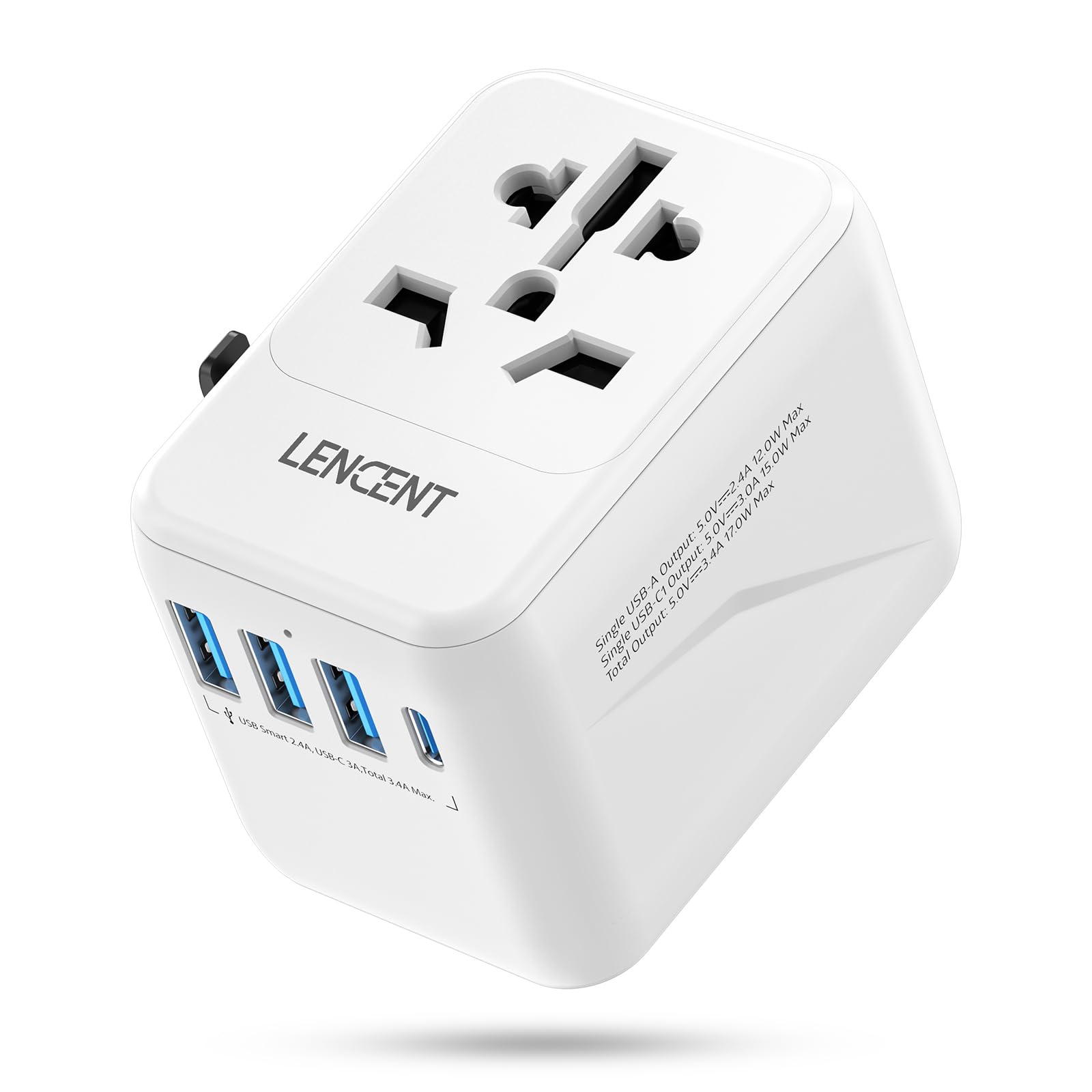LENCENT Universal Travel Adapter Worldwide, International Travel Plug Adapter with 1 USB C and 3 USB A Ports, All in One Universal Charger for Multi Countries EU, USA, UK, Australia, Thailand etc