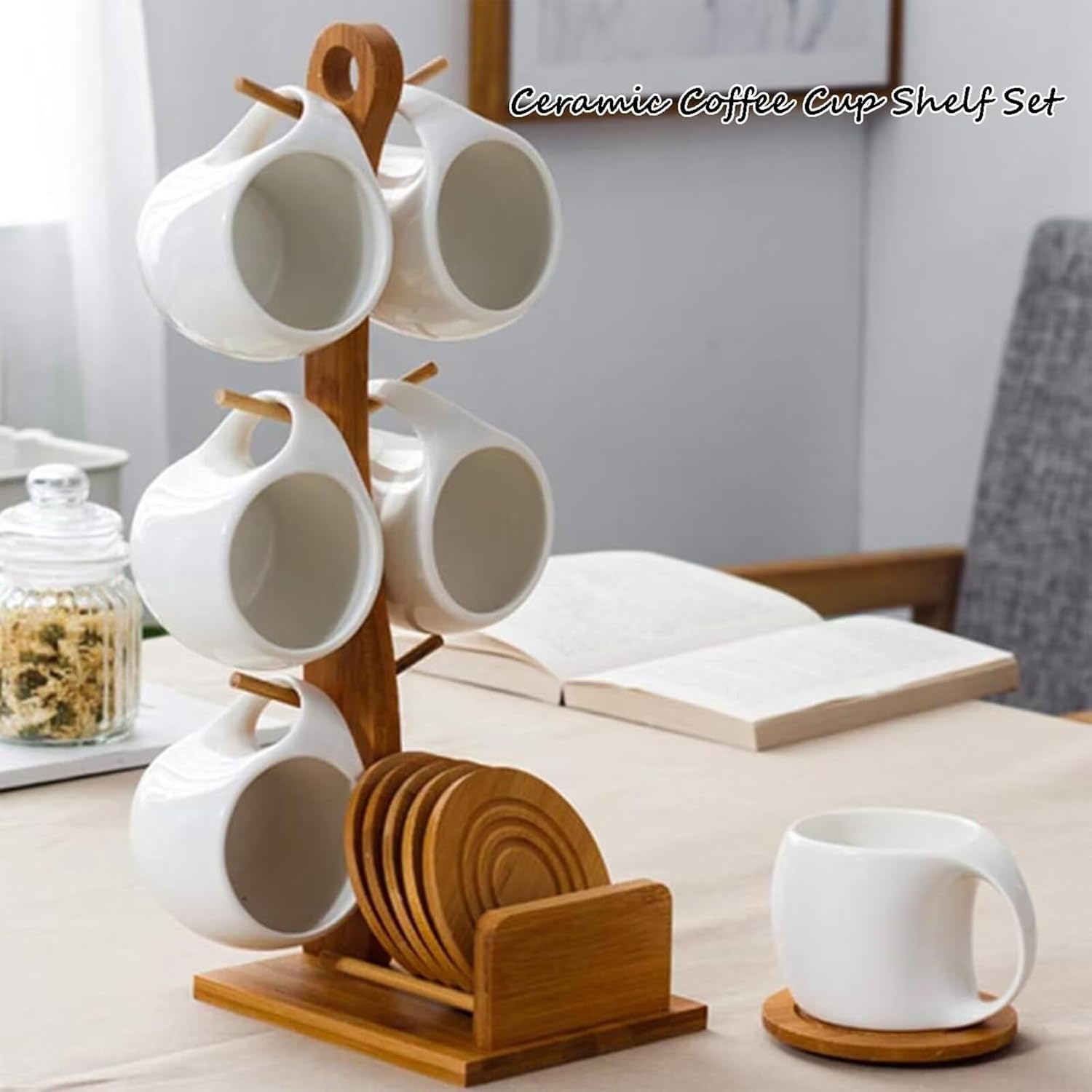 Ceramic Coffee Cup Shelf Set 6 Piece Creative Cup Stand and Saucer with Bamboo Frame Combination Coffee Mugs Kitchen Accessories Display 12.6x15.6x37.5cm
