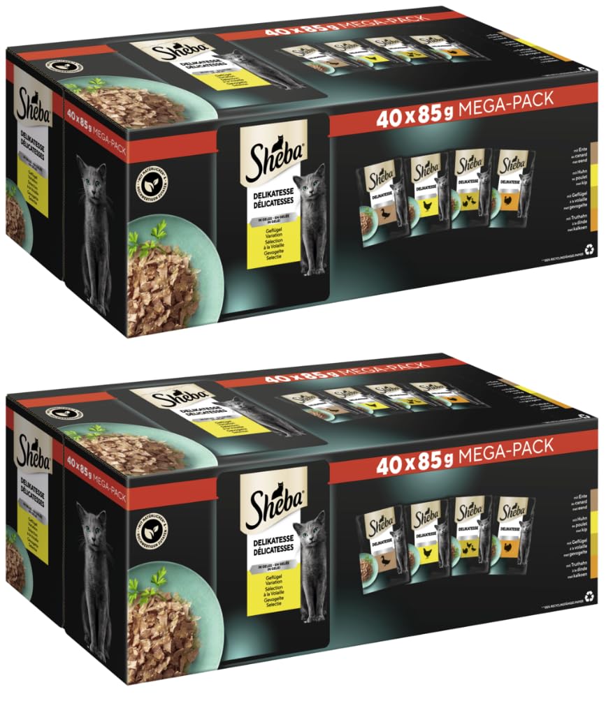 SHEBA Portionsbeutel Mega-Pack Multipack Delikatesse in Gelee Geflügel Variation (2X 3400g, Geflügel)