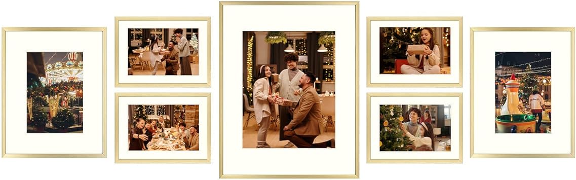 Golden State Art, Metal Wall Photo Frame Collection, Aluminum Photo Frame with Ivory Color Mat & Real Glass (Style 2, Gold, 7 Pack)