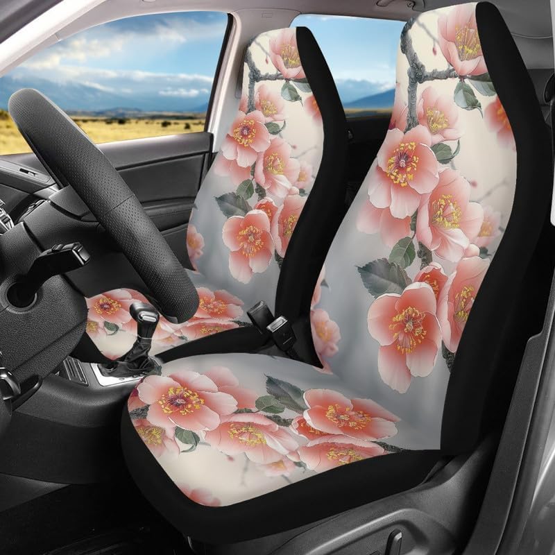 Cartoon Pink Floral Print Car Seat Covers Cute Plum Blossom 2 Pcs Front Seats Protector Non-Slip Universal Fit Elastic Covers Fit for Most Cars, Sedan, Truck, Van