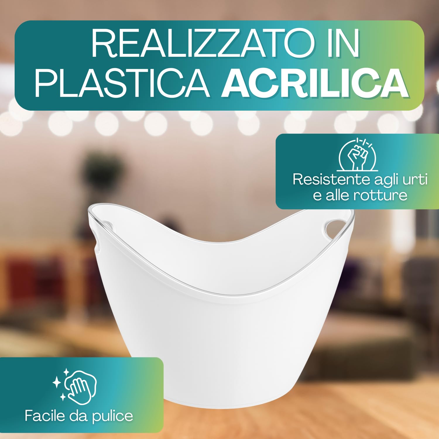 Virsus Secchiello Portaghiaccio Ovale 90096, misura 34,5x26x24 cm, capacità 8 Lt, secchio in plastica per ghiaccio, 2 Maniglie, secchiello per bottiglie Vini, Champagne per feste ed eventi -C (Bianco)