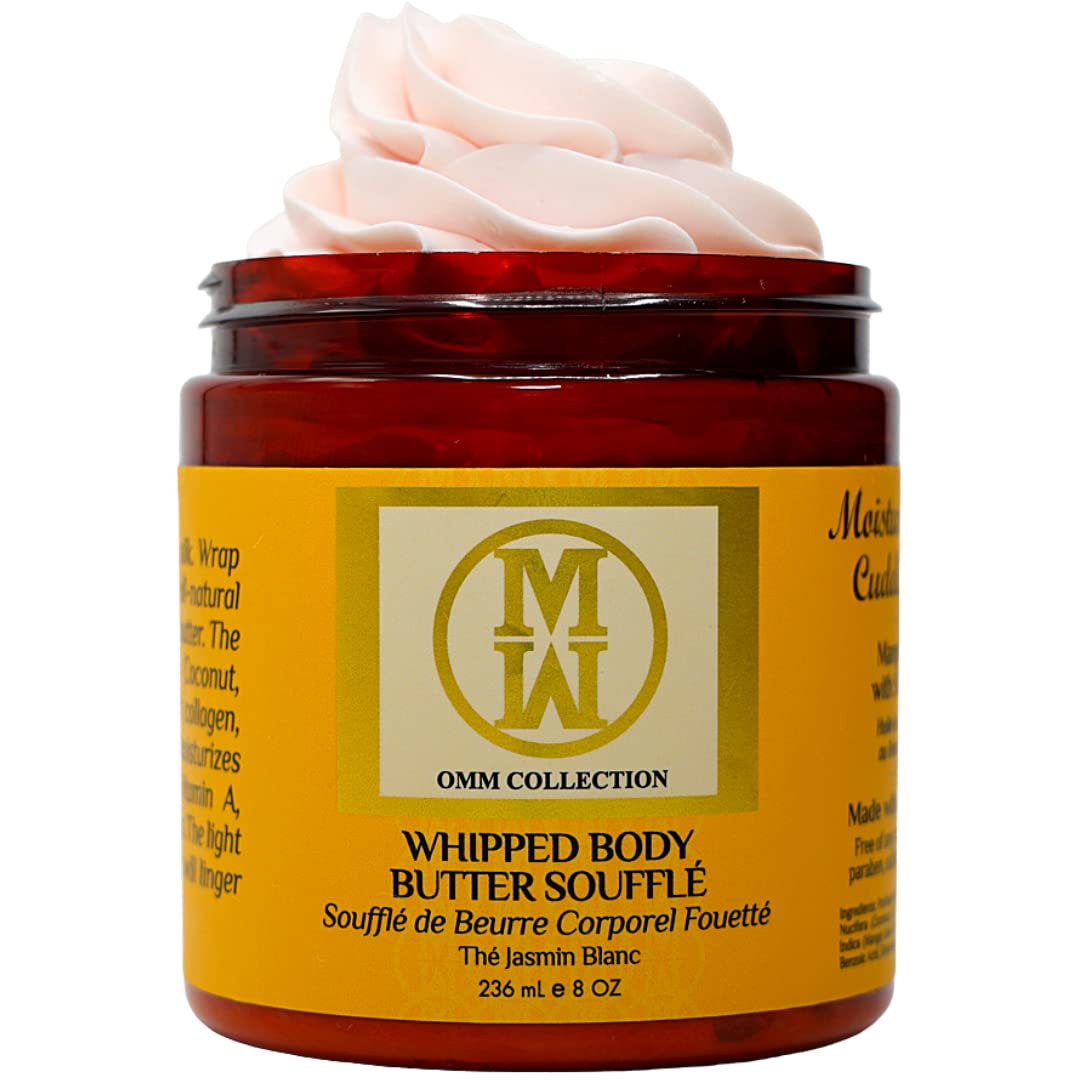 OMM Collection Natural Oils Whipped Body Butter Soufflé for Dry, Sensitive Skin (8oz/226g -Deep Moisturizer-Coconut & Mango Oil, Shea & Cocoa Butter-Free of Paraben, Sulfate-Jasmin Blanc