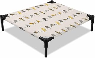 Birds on the Wire Yellow Grey Orange Burlap Background Elevated Dog Bed, Outdoor Raised Pet Bed for Dogs Cats, Portable Breathable Cooling Waterproof Pet Cot 20x20 Inch