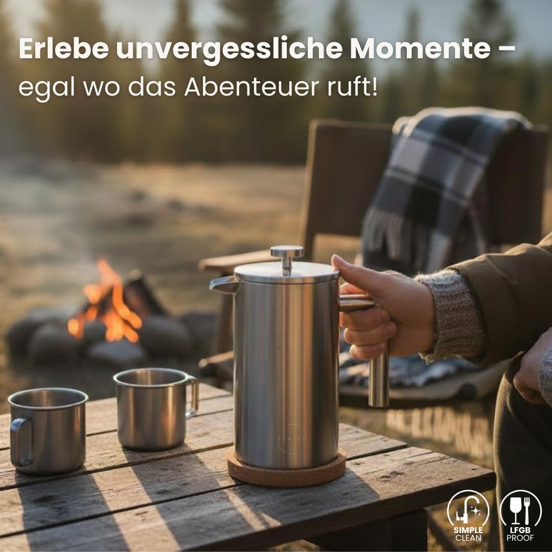 French Press - Cafetera de acero inoxidable cepillado, incluye 3 filtros de repuesto y posavasos de corcho, doble pared con función de mantenimiento del calor, 1 litro, 5 tazas