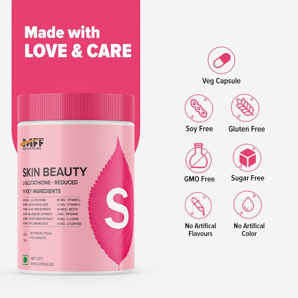 MyFitFuel Skin Beauty Glutathione Reduced (60 Capsules) with Lycopene, Vitamin C & E, Hyaluronic Acid, Biotin &more. For Men & Women Hydrated, Brightening, Radiant Skin. For Reducing Melanin & Glowing Skin 4