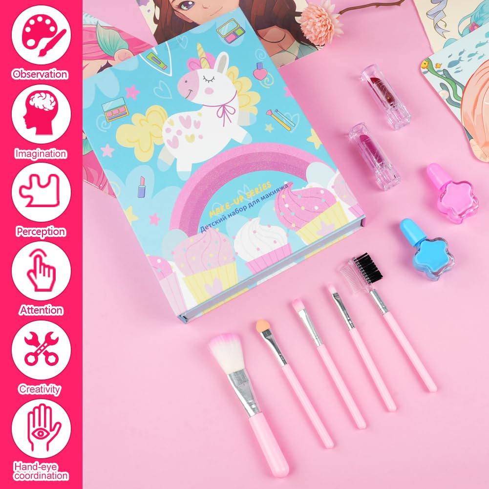 Aomig Set De Maquillaje Infantil Con Patrón De Unicornio Giratorio – 29 Colores, Pinceles Y Pegatinas, Regalo Para Niñas En Cumpleaños Y Navidad
