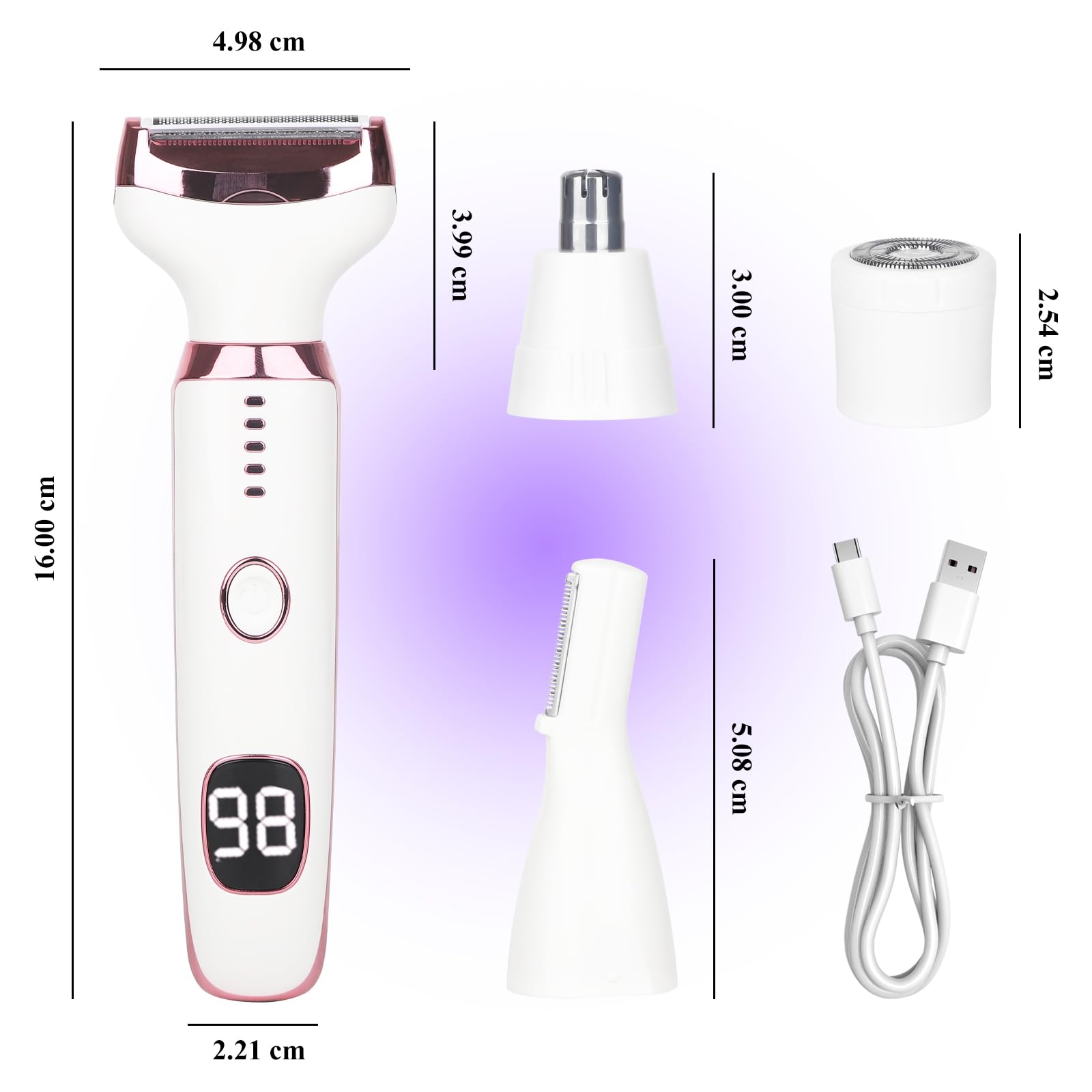 Afeitadora Eléctrica para Mujer con Pantalla LED, Afeitadora Femenina IPX7 Impermeable Uso Húmedo y Seco, Kit de Cuidado Eléctrico 4 en 1 Inalámbrico para Bikini, Rostro (Rosa)