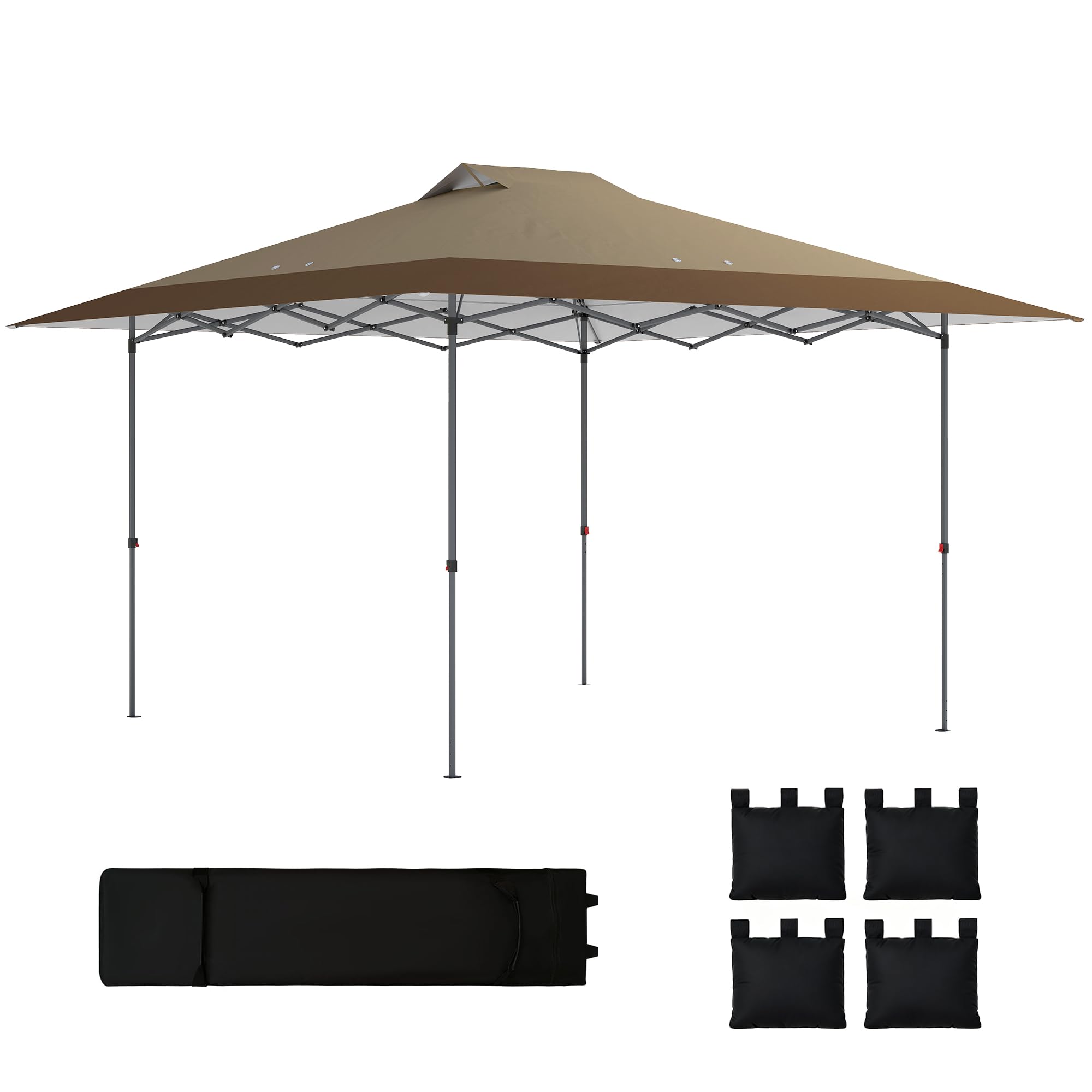 Outsunny Carpa Plegable Pop-up Gazebo 4x4 m Bloqueo Central Beige y Café | Cenador Plegable, UPF50+, Altura Ajustable, 4 Bolsas de Arena, Bolsa de Transporte con Ruedas, Camping, Fiestas