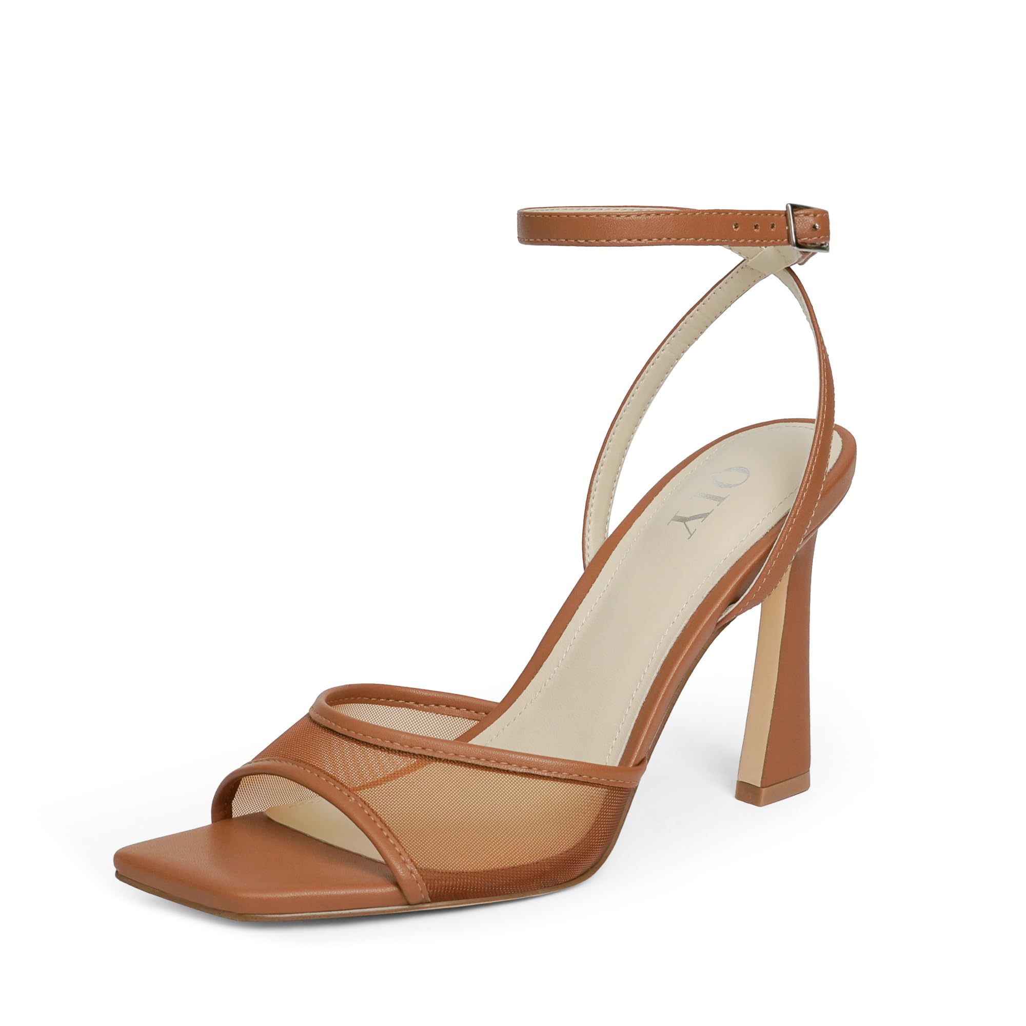 QIY Strappy Heels for Women Heeled Sandals Square Toe Heel Ankle Strap Stiletto Mesh High Heels Dress Shoes
