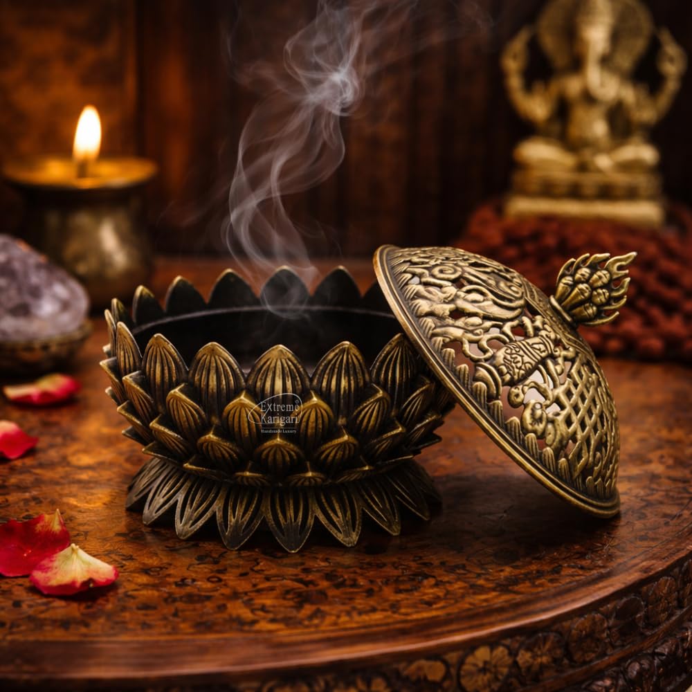 Extreme Karigari Lotus Incense Burner, Bronze, Metal, 10cm x 10cm, Tibetan Style, with Lid, Dhoop Batti, Dhuni Holder for Temple and Home 1