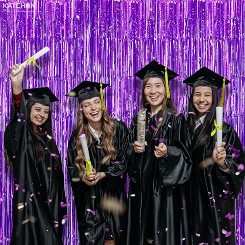 Image of KatchOn, Metallic Purple Foil Fringe Curtain 3.2x8 Ft, Pack of 2 | Streamer Backdrops for Purple Birthday Decorations, Mermaid Birthday Decor for Home | Backdrops for Graduation Decorations 2026