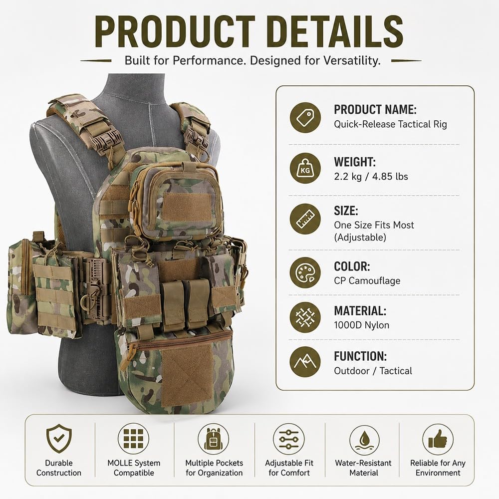 Gilet Molle Regolabile in Nylon 1000D,Gilet Utility Sgancio Rapido Tasche Multiple Leggero Traspirante per Airsoft Paintball Escursionismo Cosplay attività Outdoor Training