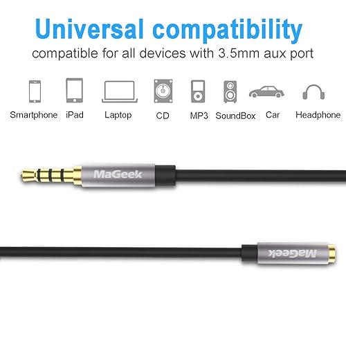 Miniatura 3 de MaGeek TRRS - Cable de extensión auxiliar de audio de 0.138 in, cable de auriculares de 4 polos macho a hembra, adaptador de extensión auxiliar