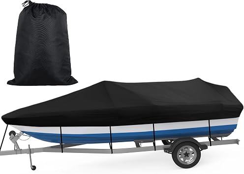 Boat Cover, All-Weather Mooring and Trailering Boat Cover for V-Hull Runabouts Outboards and I/O Bass Boats, Fits up to 14-16ft Long and 96in Wide, Black, 0OY023SIX24WGUV0DLA8Y17Z