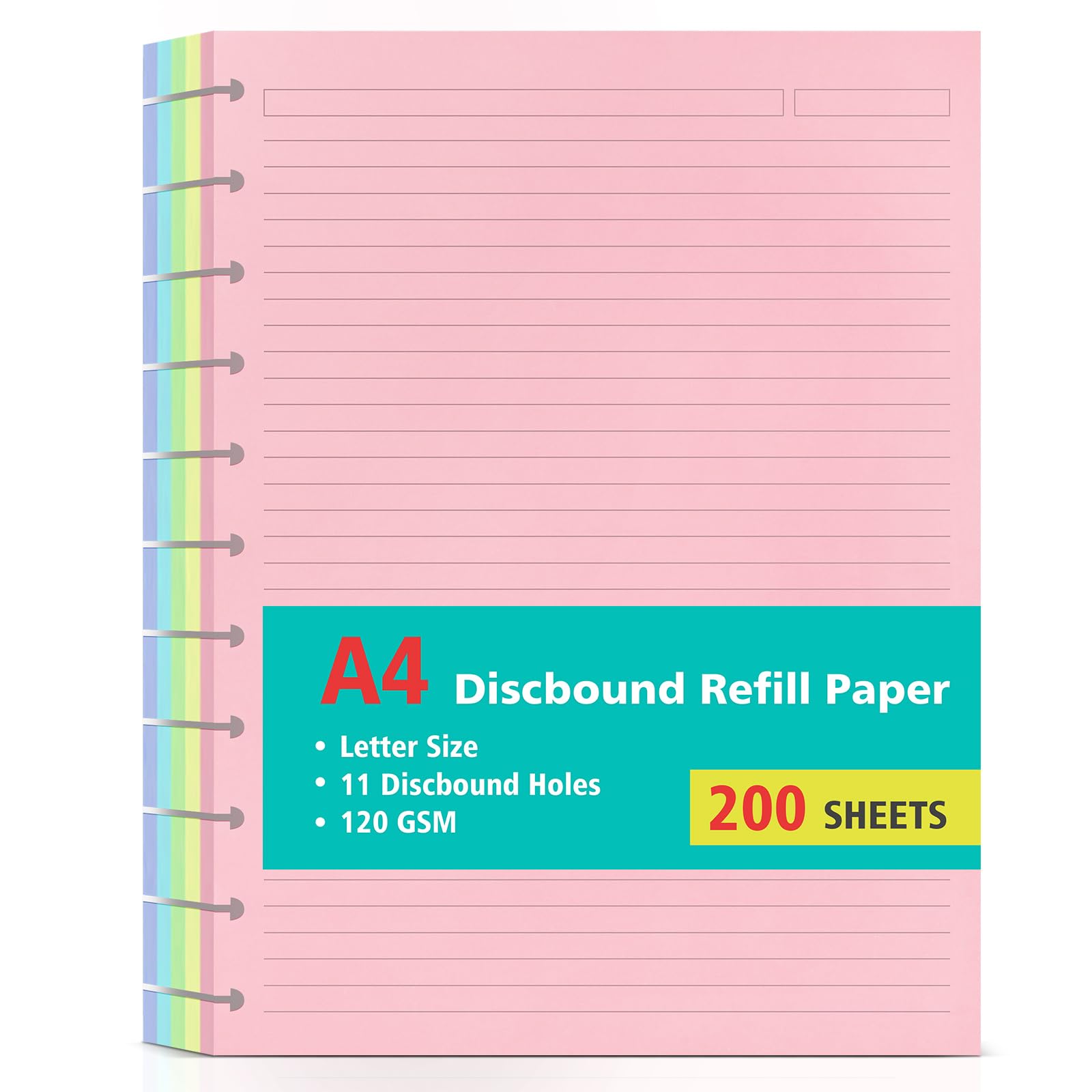 Letter Size 11 Discs 120gsm Discbound Refill Paper, Discbound 5 Colorful Line Papers, Disc Paper Refill, Loose-Leaf Papers, Disc Planner Inserts, 200